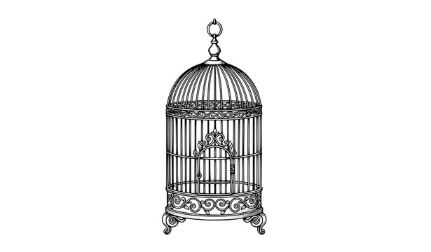 Vintage ornate birdcage black and white vector illustration