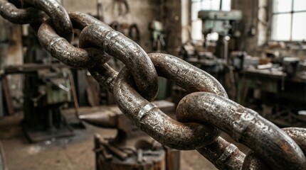Naklejka premium Heavy metal chain links in a workshop environment with tools around - Concept of International Workers' Day 