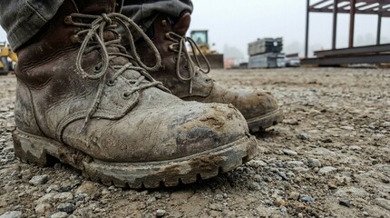 Worker boots covered in dirt on construction site concept of International Workers' Day  