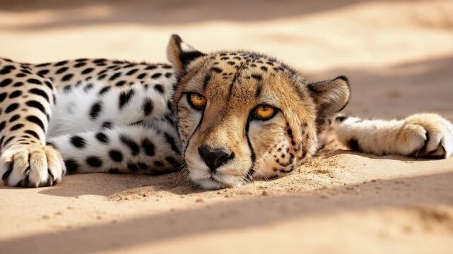 Intense Cheetah Gaze: Close-up Portrait Lying on the Ground
