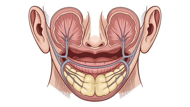 Salivary glands anatomy, parotid submandibular sublingual glands, medical illustration