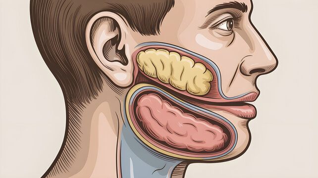 Salivary glands anatomy, parotid submandibular sublingual glands, medical illustration
