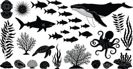 Large set of ocean life silhouettes including whale shark octopus sea turtle coral seaweed shells and vintage diving helmet for marine design © Moskirul