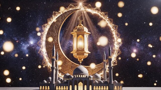 Golden lantern and crescent moon against starry sky for festive design