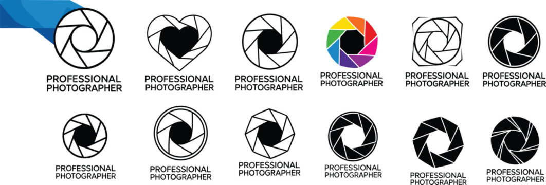 Professional photography logo collection featuring camera shutter aperture icons, lens diaphragm symbols, colorful iris designs, and creative branding elements for photographers and studios.