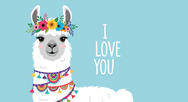 Cute white llama with a colorful flower crown and pompom necklace with text I love you on a blue background.