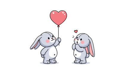 Adorable illustration features a cute gray bunny giving a red heart shaped balloon to its friend in a sweet scene of love and friendship.