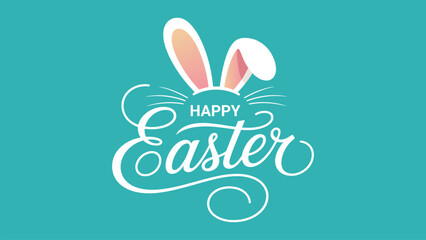 Happy Easter elegant white typography with bunny ears on turquoise background for spring holiday greeting card and festive banner design © Zavivec