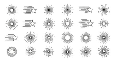 Obraz premium minimalist sunburst and starburst icons with dynamic radial lines ideal for clean graphic design branding and celestial theme.
