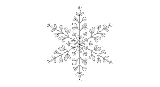 Creative snowflake design formed by symmetrical botanical patterns of leaves and branches in a delicate line art drawing.