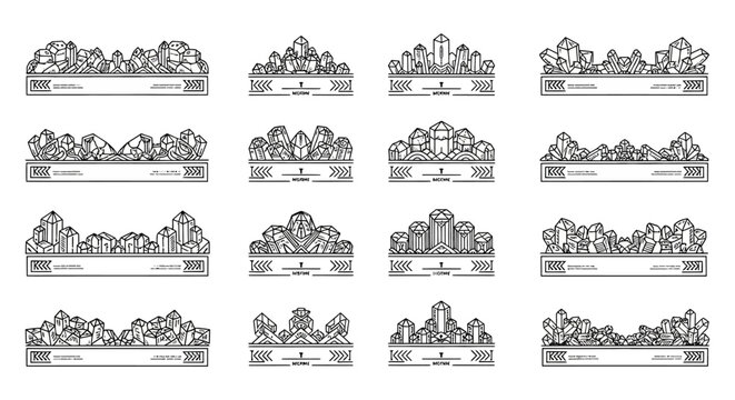 monochromatic geometric crystal clusters in minimalist line art illustrating diverse abstract mineral formations for elegant graphic design elements and banners.