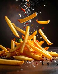 A pile of golden fries with seasonings falling on them