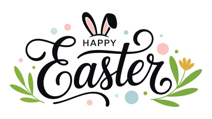 Happy Easter decorative typography with bunny ears floral leaves and pastel confetti elements for spring holiday greeting banner design © Zavivec