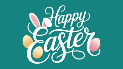 Happy Easter elegant typography with bunny ears and colorful decorated eggs on green background for spring holiday greeting banner design © Zavivec