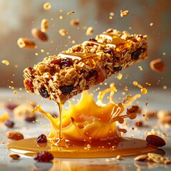 A granola bar suspended in mid-air with caramel splashing