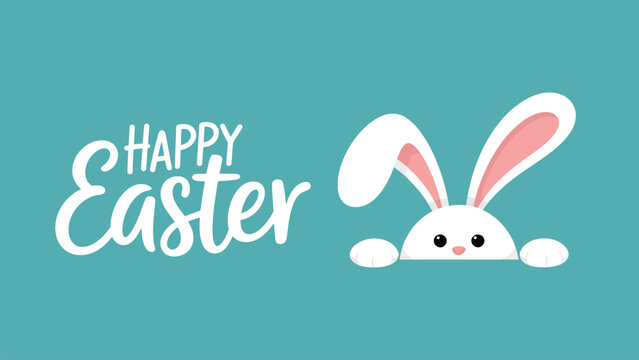 Happy Easter greeting card design with cute bunny ears peeking on blue background for spring holiday celebration banner