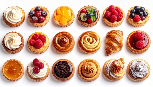 Assorted mini tarts and pastries arranged in a colorful grid, featuring fresh berries, custard swirls, caramel glaze, and golden flaky crusts, isolated on white background, top view.
