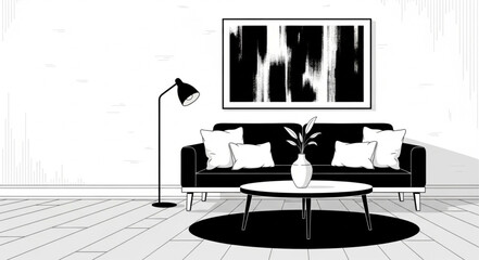 Modern living room with black sofa and abstract art.