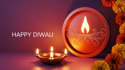 Fototapeta premium Happy diwali oil lamps with glowing flame on dark background