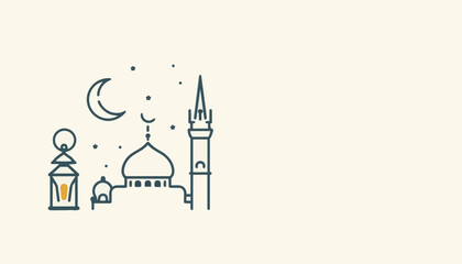 Obraz premium Minimal Islamic mosque line art vector illustration with crescent moon, glowing lantern and minaret at night, elegant Ramadan Kareem greeting design in modern flat outline style.