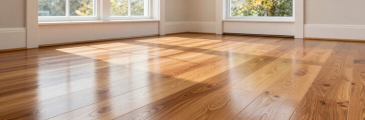 Naklejka premium Sunlit Hardwood Floor in Empty Room: Interior Design, Real Estate, and Renovation Potential