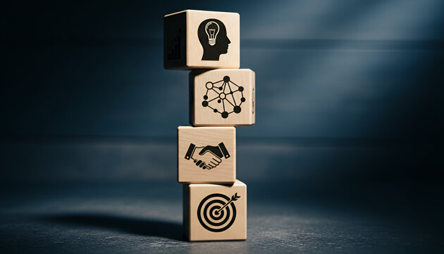 Strategic Pillars: A meticulously arranged stack of wooden blocks, each showcasing a symbolic icon that embodies the core tenets of business strategy and innovation. 