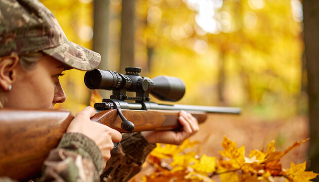Hunter aiming with rifle in autumn forest, wearing camouflage. Focused on target, concept of outdoor adventure, hunting season, wildlife, survival and sport.