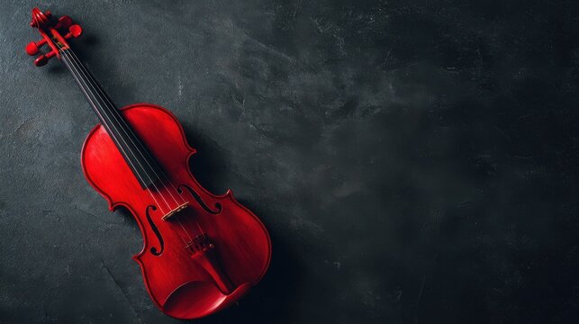 red violin on a dark gray background with copy space for text