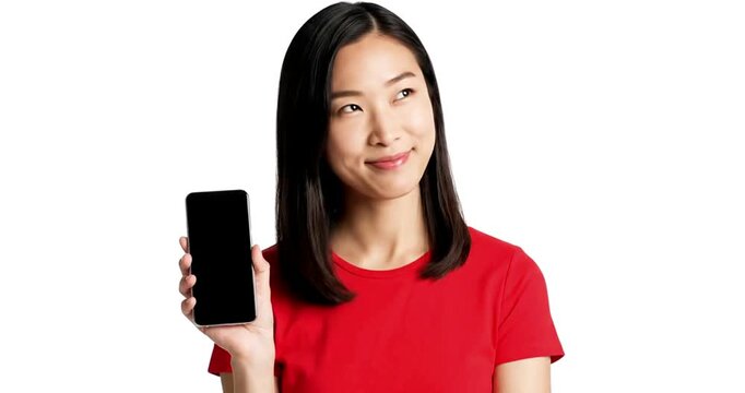 woman holding phn white background. generated with AI