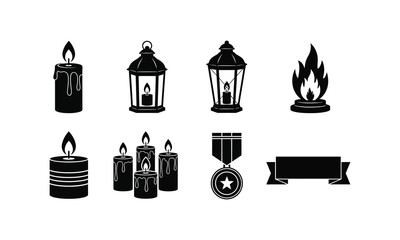 Memorial day elements set, black vector silhouette illustration line art on white background