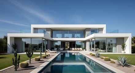 Fototapeta premium Stunning modern villa with pool and desert landscaping under blue skies