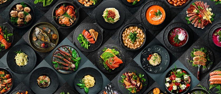 Food photo banner. Set of photos of dishes, salads, soups and hot snacks. Photo collage.