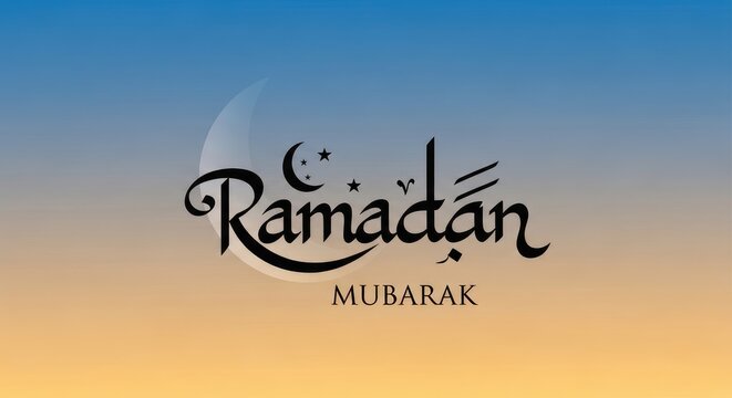 Ramadan kareem text in calligraphic script on an orange and blue gradient backdrop with crescent moon detail ramdan mubarak pure white background cutout