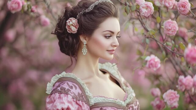 Woman in 18th century attire wearing a pink gown beneath blooming pink blossom trees, romantic historical scene with soft light and graceful vintage elegance.