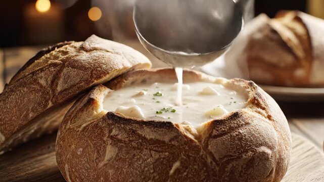 Hot creamy clam chowder poured into sourdough bread bowl 4K Video