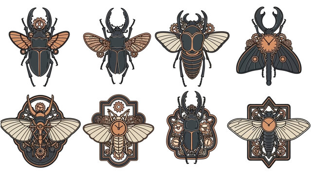 steampunk insects mechanical beetles and moths with intricate gears cogs and clock faces isolated on white for victorian fantasy designs.