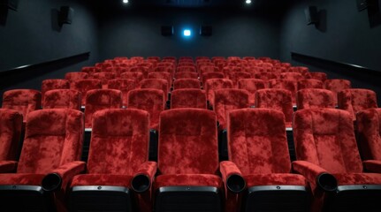 Obraz premium Empty Movie Theater with Red Seats: Cinema Interior for Entertainment Industry Marketing