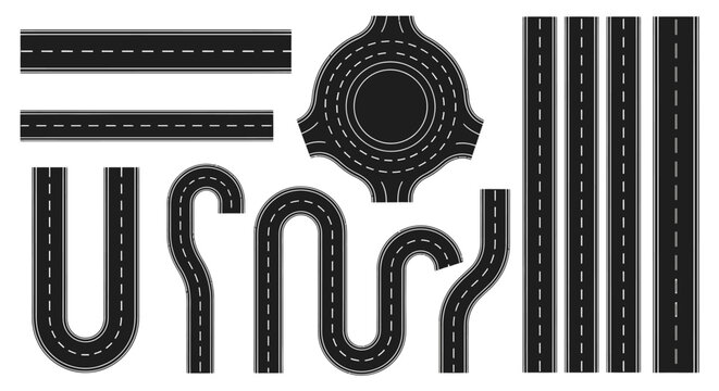 vector road elements kit straight curved u-turn s-curve roundabout patterns for map and game design.