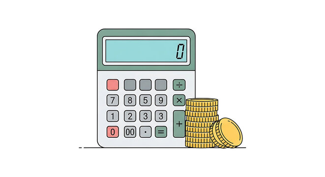 Calculator and coins stacked beside it on a flat surface viewed from the front