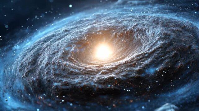 Spiral galaxy cosmic birth with bright core deep space, star clusters and nebula swirl through cosmic dust and glowing light surreal celestial vortex