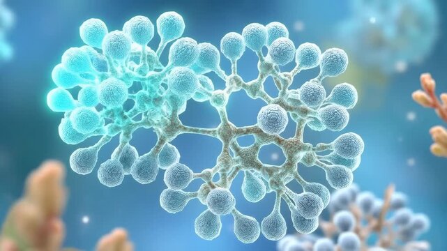 Glowing molecular structure abstract biology scientific background blue cell network futuristic microbiology living lattice blue fungus spore cluster