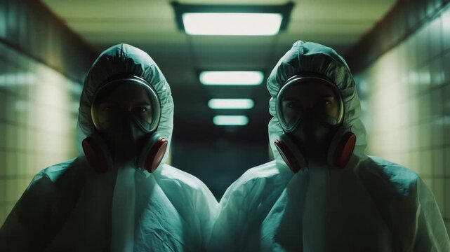 An of two people wearing protective suits and masks, prepared for hazardous environments or situations.