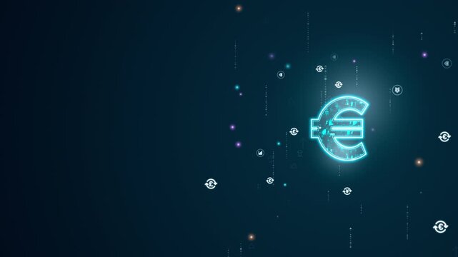 glowing euro currency symbol with digital finance icons and floating data particles, illustrating fintech innovation, foreign exchange market, and global banking technology for corporate presentations