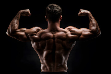 Muscular man flexing arms with strong back in a dark setting showcasing strength and fitness