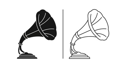 Vintage gramophone icon set, retro music equipment illustration, black and white Vector © Sapla