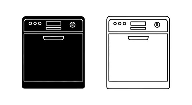 Black and white dishwasher icon set for modern kitchen design and appliances Vector