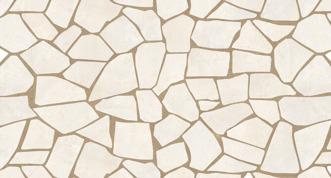 Mediterranean stone wall texture, cream flagstone mosaic pattern, seamless beige rock masonry background for architectural 3D rendering