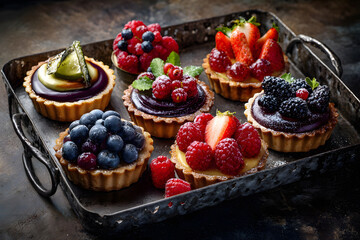 Delicious berry tarts displayed on a rustic baking tray with fresh ingredients at a cozy kitchen setting