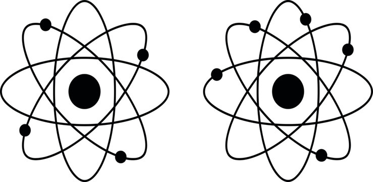 Atomic structure icon set with electron orbit symbol, physics science concept, minimal black and white vector illustration