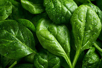 Fresh spinach leaves glistening with water droplets after a light wash in the kitchen